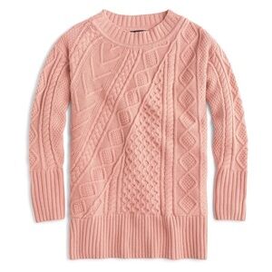 J. Crew Patchwork Cable Knit Tunic Sweater Pink Wool Blend Fisherman Pullover XS